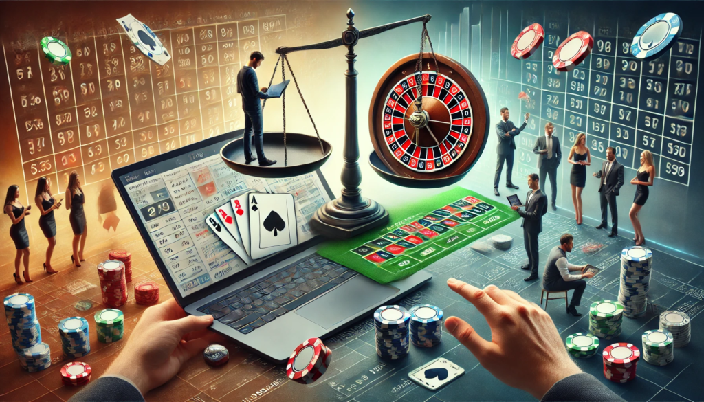 Equilibrio entre probabilidad y suerte en casinos online, mostrando a una persona calculando probabilidades en un portátil mientras otra gira una ruleta en una tablet